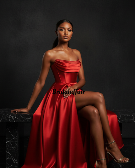 Satin Kleid - Satin Abendkleid Lang Corsage Rot - Strapless A-Linie - Ansicht 5