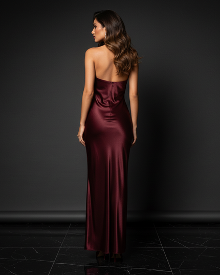 Satin Kleid - Satin Abendkleid Lang Corsage Schwarz Rueckenfrei - Ansicht 2