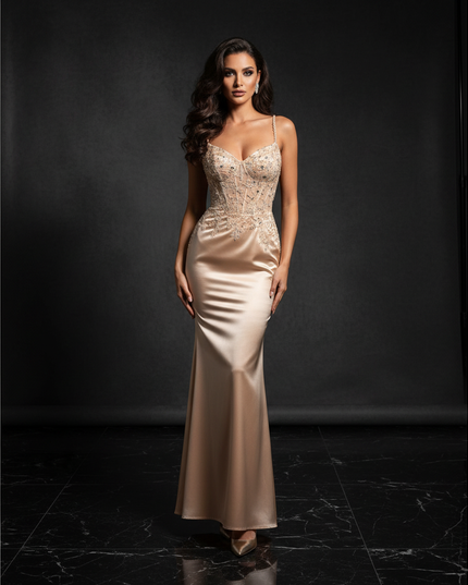 Satinkleid champagner - Champagnerfarbenes Satin Abendkleid Lang - Ansicht 1
