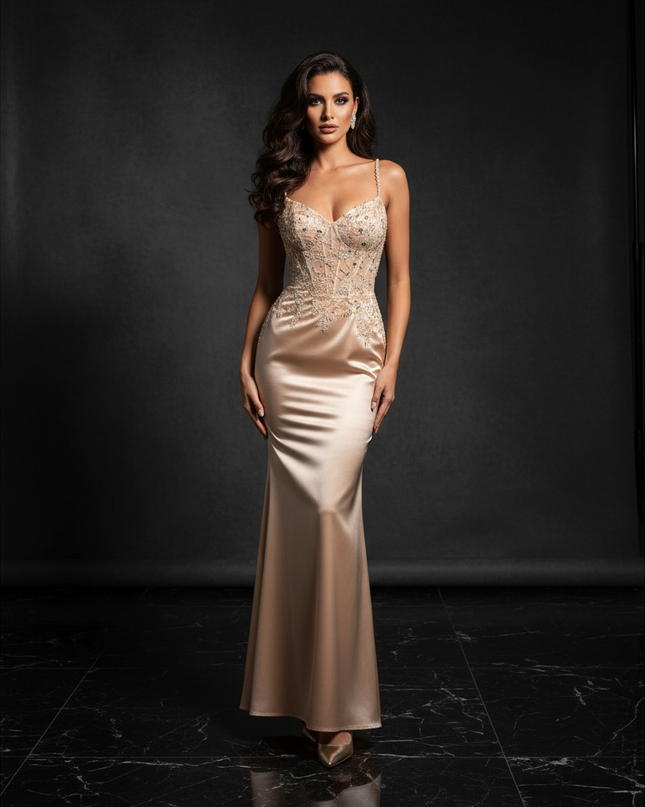 Satinkleid champagner - Champagnerfarbenes Satin Abendkleid Lang - Ansicht 1