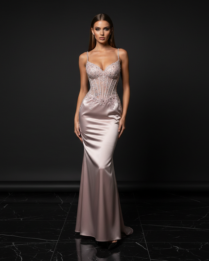 Satin Kleid - Satin Abendkleid Lang Elegant Rosa - Luxus Trumpet Gown - Ansicht 1