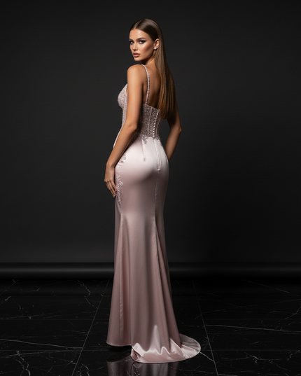 Satin Kleid - Satin Abendkleid Lang Elegant Rosa - Luxus Trumpet Gown - Ansicht 2