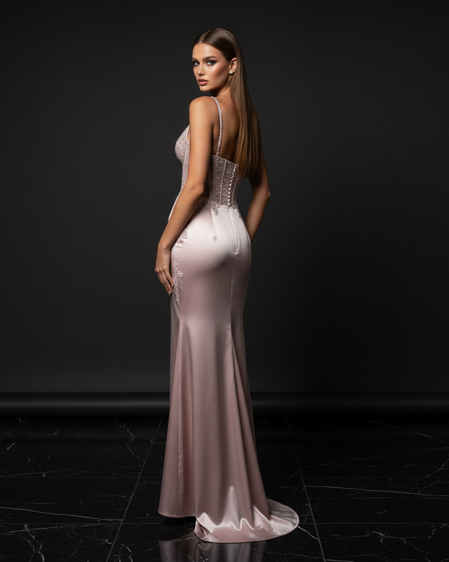 Satin Kleid - Satin Abendkleid Lang Elegant Rosa - Luxus Trumpet Gown - Ansicht 2