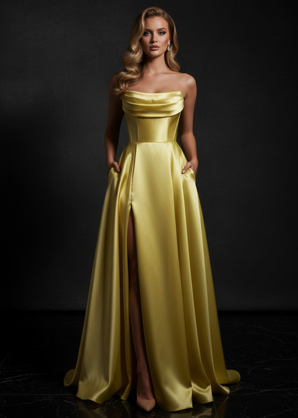 Satin Kleid - Satin Abendkleid Lang Festlich Gold - Corsage Gelb - Ansicht 1