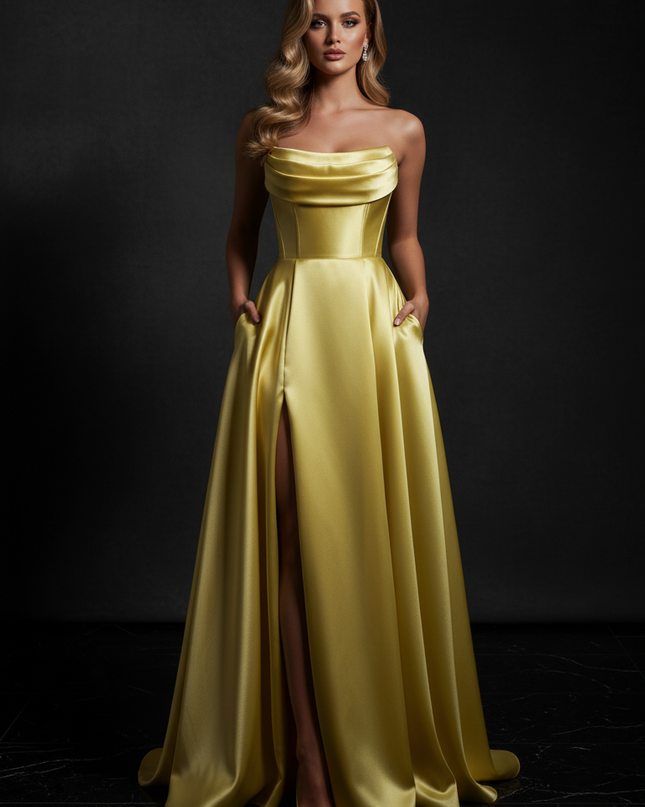 Satin Kleid - Satin Abendkleid Lang Festlich Gold - Corsage Gelb - Ansicht 1