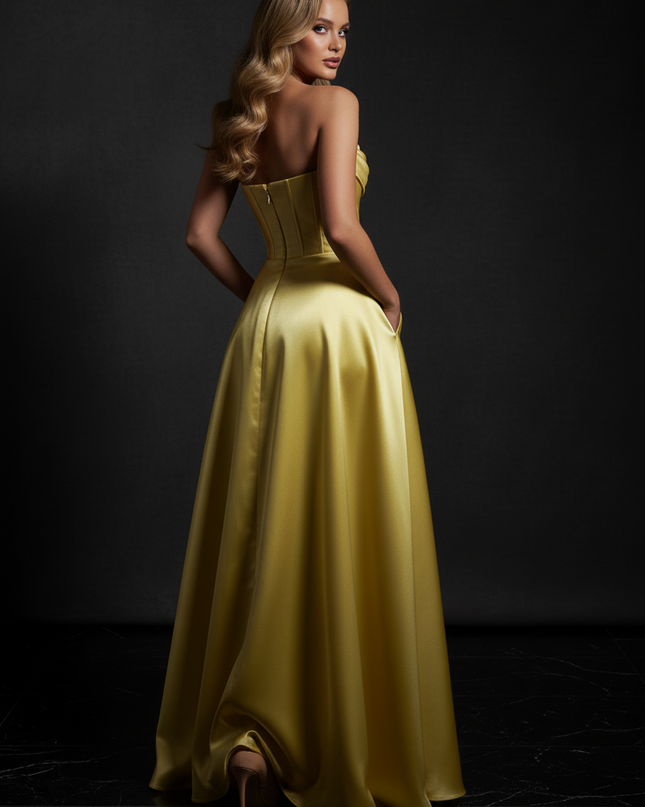Satin Kleid - Satin Abendkleid Lang Festlich Gold - Corsage Gelb - Ansicht 2