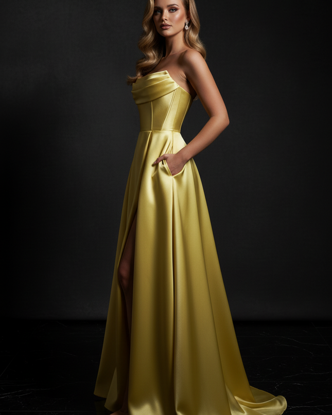 Satin Kleid - Satin Abendkleid Lang Festlich Gold - Corsage Gelb - Ansicht 3