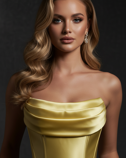 Satin Kleid - Satin Abendkleid Lang Festlich Gold - Corsage Gelb - Ansicht 4