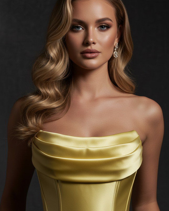 Satin Kleid - Satin Abendkleid Lang Festlich Gold - Corsage Gelb - Ansicht 4