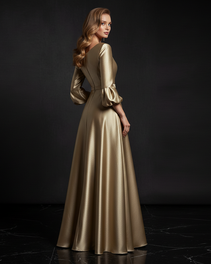 Satin Kleid - Satin Abendkleid Lang Gold - A-Linie mit Schlitz - Ansicht 2