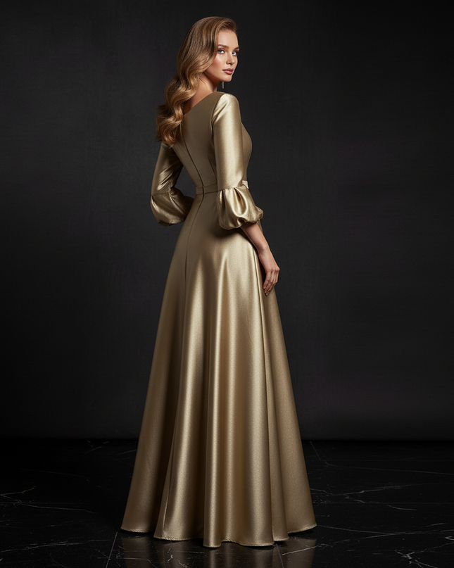 Satin Kleid - Satin Abendkleid Lang Gold - A-Linie mit Schlitz - Ansicht 2