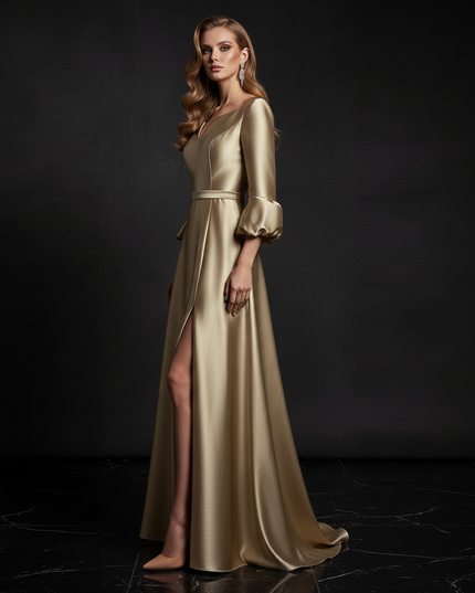 Satin Kleid - Satin Abendkleid Lang Gold - A-Linie mit Schlitz - Ansicht 3