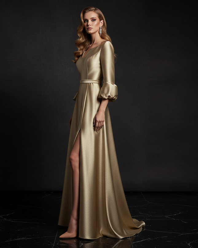 Satin Kleid - Satin Abendkleid Lang Gold - A-Linie mit Schlitz - Ansicht 3