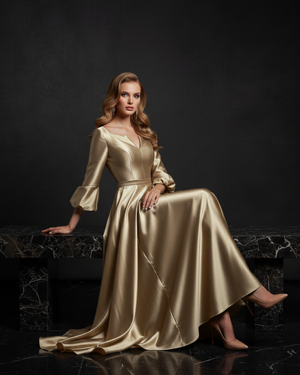 Satin Kleid - Satin Abendkleid Lang Gold - A-Linie mit Schlitz - Ansicht 5