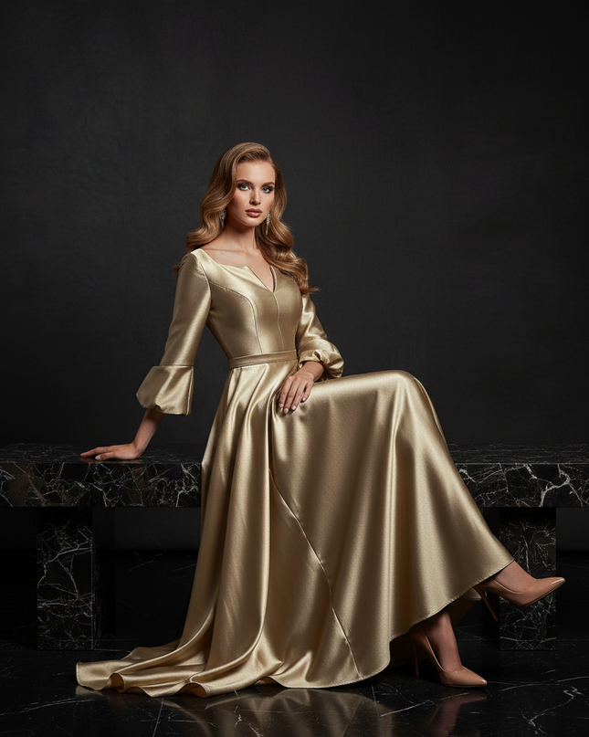 Satin Kleid - Satin Abendkleid Lang Gold - A-Linie mit Schlitz - Ansicht 5