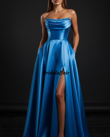 Satin Kleid - Satin Abendkleid Lang Halter Blau - Royalblau Corsage - Ansicht 1