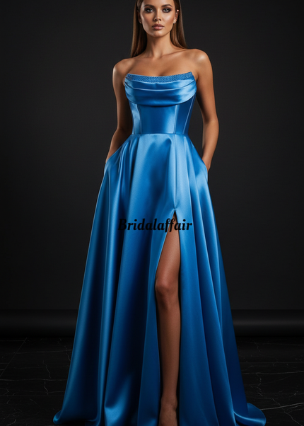 Satin Kleid - Satin Abendkleid Lang Halter Blau - Royalblau Corsage - Ansicht 1