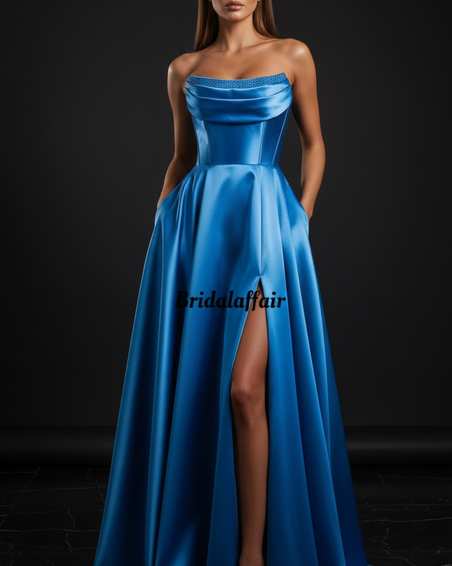 Satin Kleid - Satin Abendkleid Lang Halter Blau - Royalblau Corsage - Ansicht 1