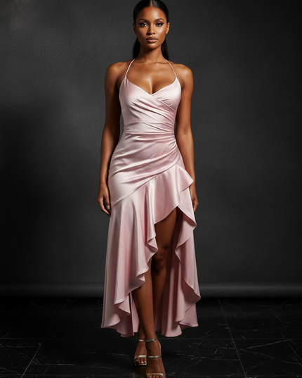 Satin Kleid - Satin Abendkleid Lang Halter Rosa - Rueckenfrei - Ansicht 1