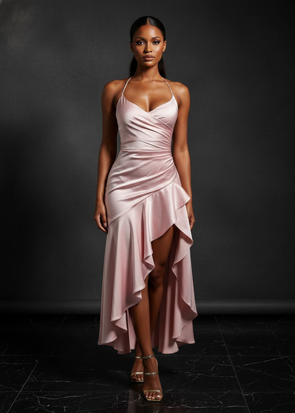 Satin Kleid - Satin Abendkleid Lang Halter Rosa - Rueckenfrei - Ansicht 1