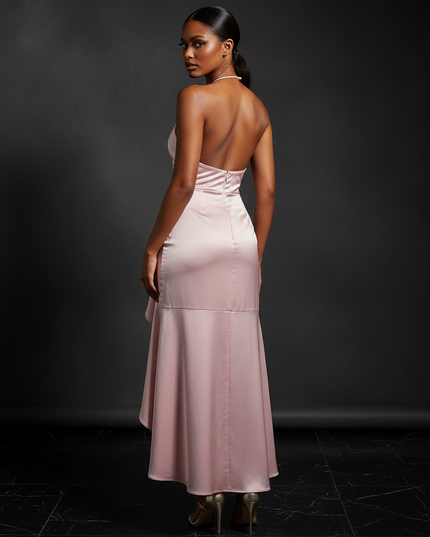Satin Kleid - Satin Abendkleid Lang Halter Rosa - Rueckenfrei - Ansicht 2