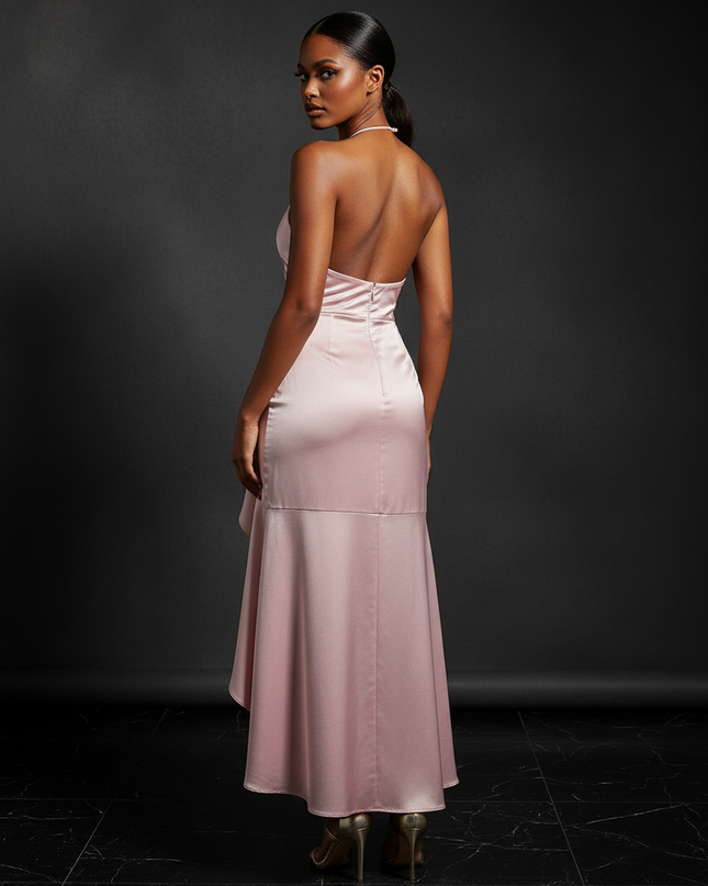 Satin Kleid - Satin Abendkleid Lang Halter Rosa - Rueckenfrei - Ansicht 2