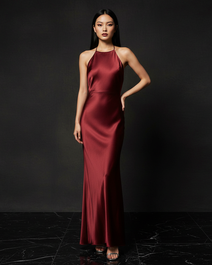 Satin Kleid - Satin Abendkleid Lang Halter Weinrot - Rueckenfrei - Ansicht 1