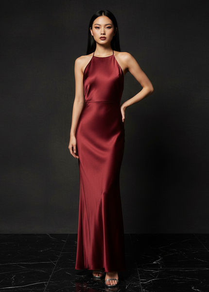 Satin Kleid - Satin Abendkleid Lang Halter Weinrot - Rueckenfrei - Ansicht 1