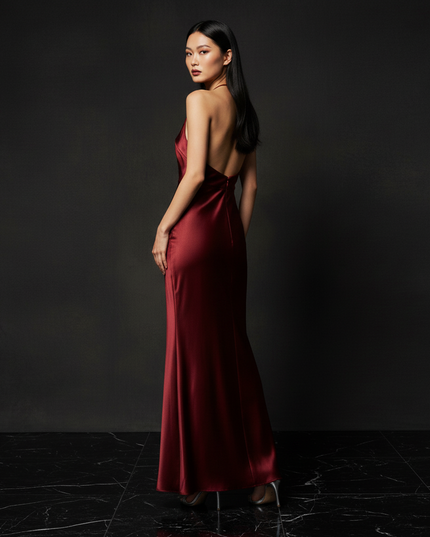 Satin Kleid - Satin Abendkleid Lang Halter Weinrot - Rueckenfrei - Ansicht 2