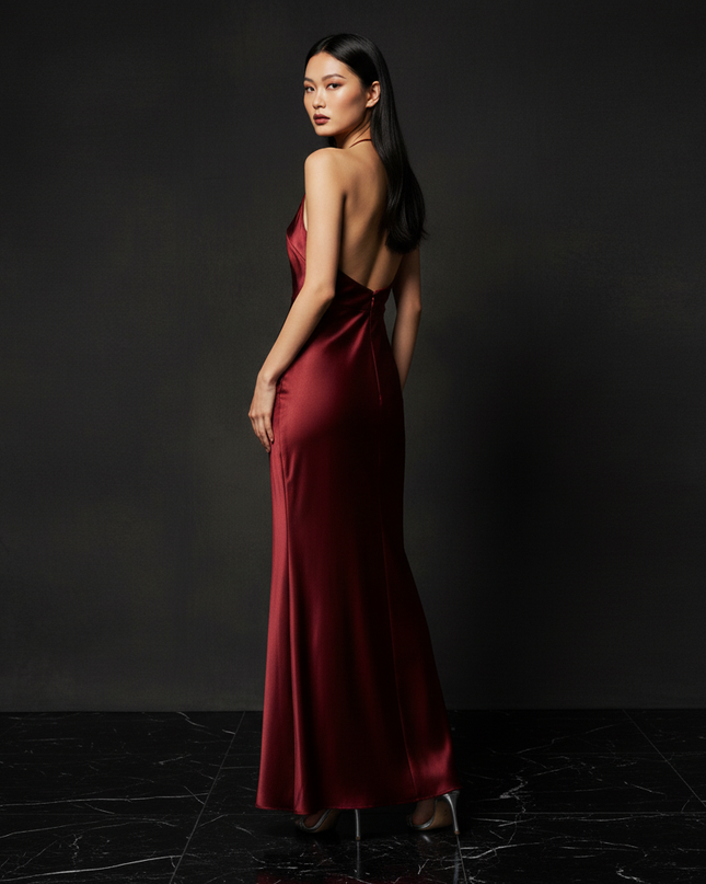 Satin Kleid - Satin Abendkleid Lang Halter Weinrot - Rueckenfrei - Ansicht 2