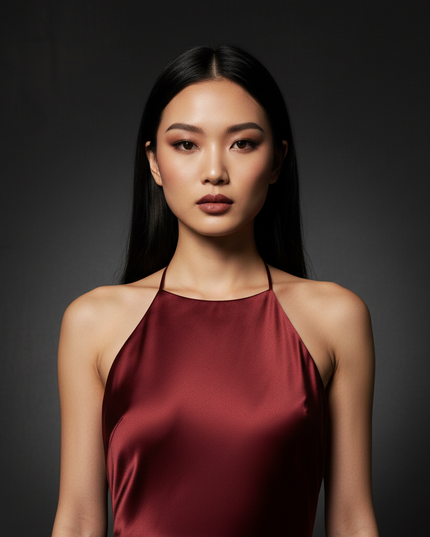 Satin Kleid - Satin Abendkleid Lang Halter Weinrot - Rueckenfrei - Ansicht 4