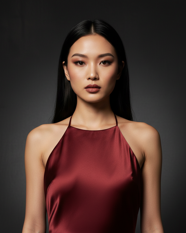 Satin Kleid - Satin Abendkleid Lang Halter Weinrot - Rueckenfrei - Ansicht 4