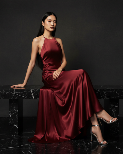 Satin Kleid - Satin Abendkleid Lang Halter Weinrot - Rueckenfrei - Ansicht 5