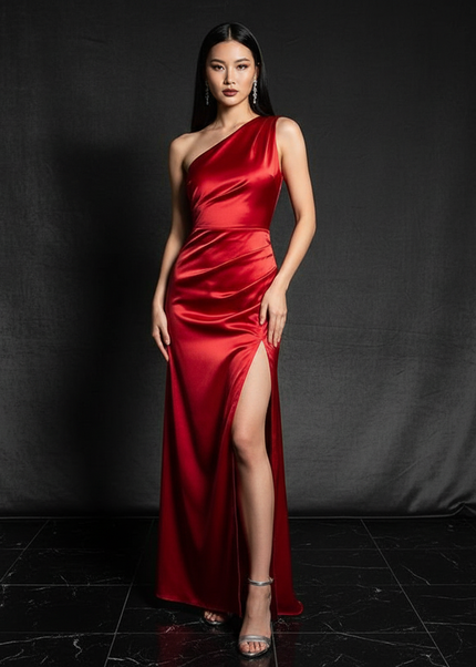Satin Kleid - Satin Abendkleid lang One-Shoulder | Eleganter Stil - Ansicht 1