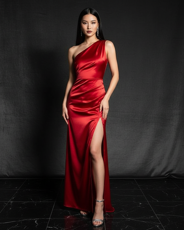 Satin Kleid - Satin Abendkleid lang One-Shoulder | Eleganter Stil - Ansicht 1