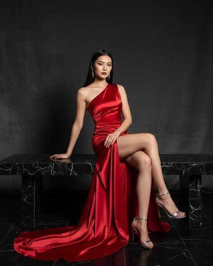 Satin Kleid - Satin Abendkleid lang One-Shoulder | Eleganter Stil - Ansicht 5