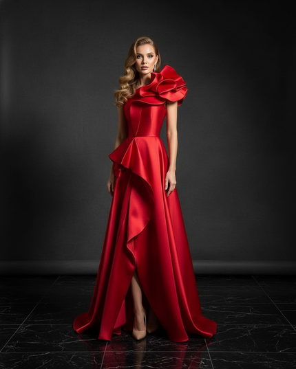 Satin Kleid - Satin Abendkleid Lang Rosa - One-Shoulder Maxi - Ansicht 1