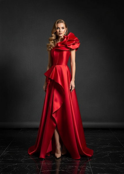 Satin Kleid - Satin Abendkleid Lang Rosa - One-Shoulder Maxi - Ansicht 1