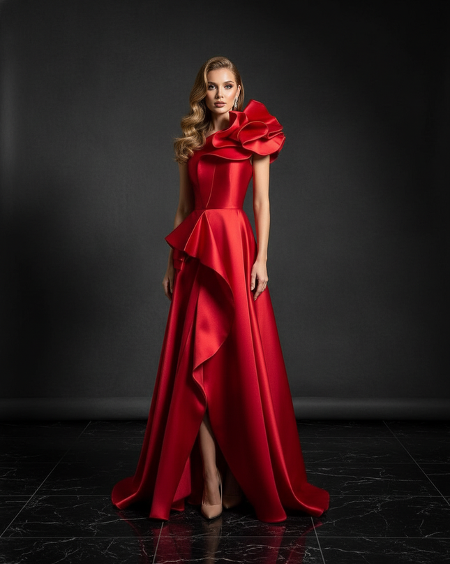 Satin Kleid - Satin Abendkleid Lang Rosa - One-Shoulder Maxi - Ansicht 1