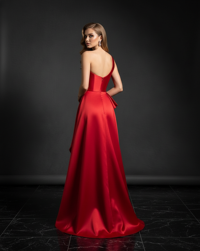 Satin Kleid - Satin Abendkleid Lang Rosa - One-Shoulder Maxi - Ansicht 2