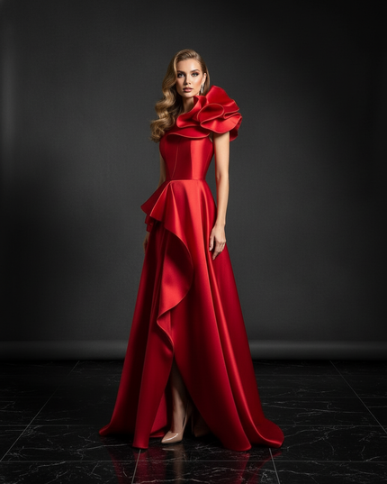 Satin Kleid - Satin Abendkleid Lang Rosa - One-Shoulder Maxi - Ansicht 3