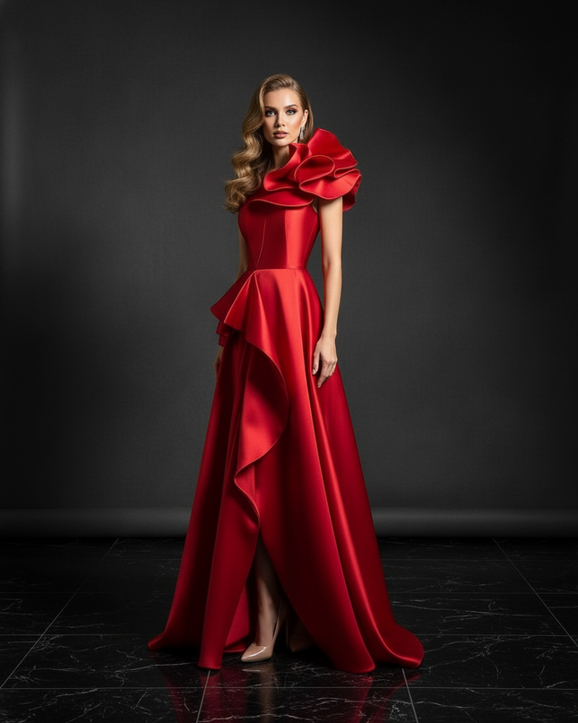Satin Kleid - Satin Abendkleid Lang Rosa - One-Shoulder Maxi - Ansicht 3