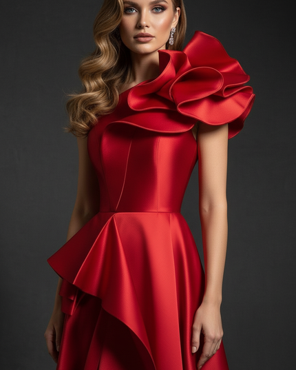 Satin Kleid - Satin Abendkleid Lang Rosa - One-Shoulder Maxi - Ansicht 4