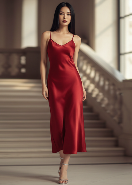 Satin Kleid - Satin Abendkleid Lang Rot - Maxikleid mit V-Ausschnitt - Ansicht 1