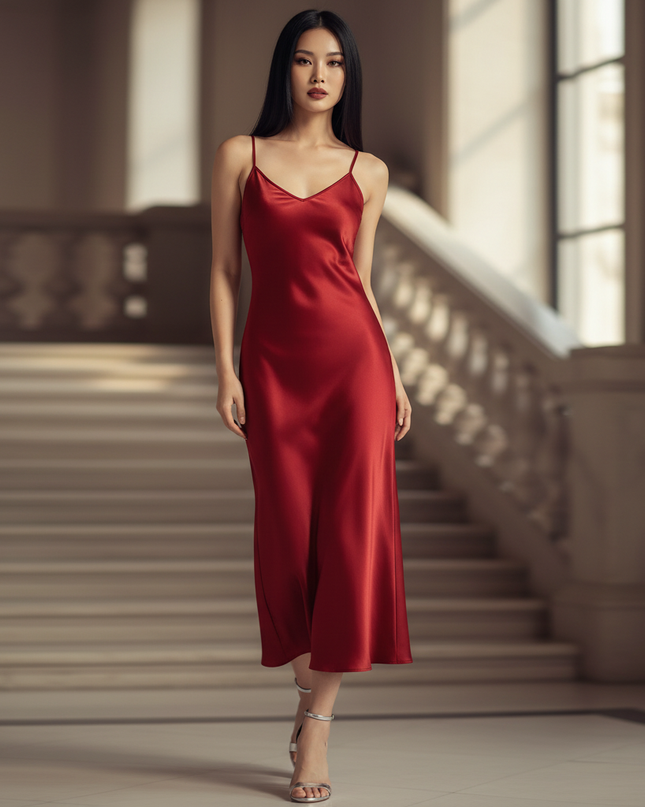 Satin Kleid - Satin Abendkleid Lang Rot - Maxikleid mit V-Ausschnitt - Ansicht 1