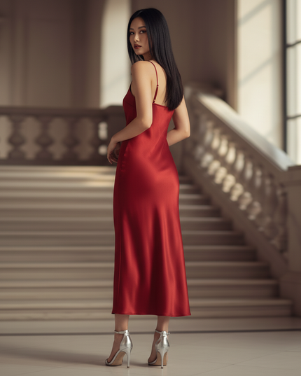 Satin Kleid - Satin Abendkleid Lang Rot - Maxikleid mit V-Ausschnitt - Ansicht 2