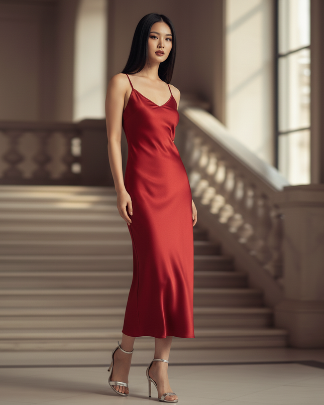 Satin Kleid - Satin Abendkleid Lang Rot - Maxikleid mit V-Ausschnitt - Ansicht 3
