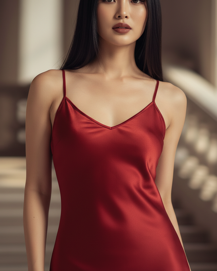 Satin Kleid - Satin Abendkleid Lang Rot - Maxikleid mit V-Ausschnitt - Ansicht 4
