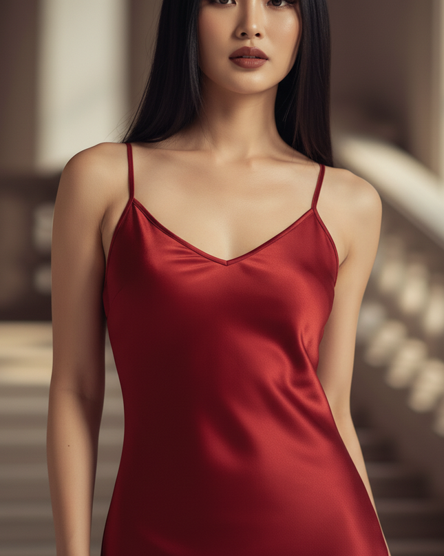Satin Kleid - Satin Abendkleid Lang Rot - Maxikleid mit V-Ausschnitt - Ansicht 4