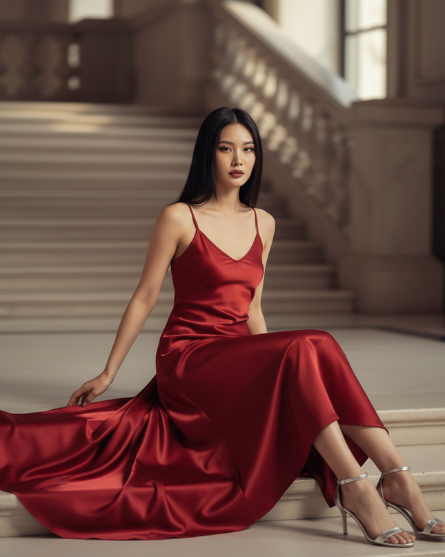 Satin Kleid - Satin Abendkleid Lang Rot - Maxikleid mit V-Ausschnitt - Ansicht 5